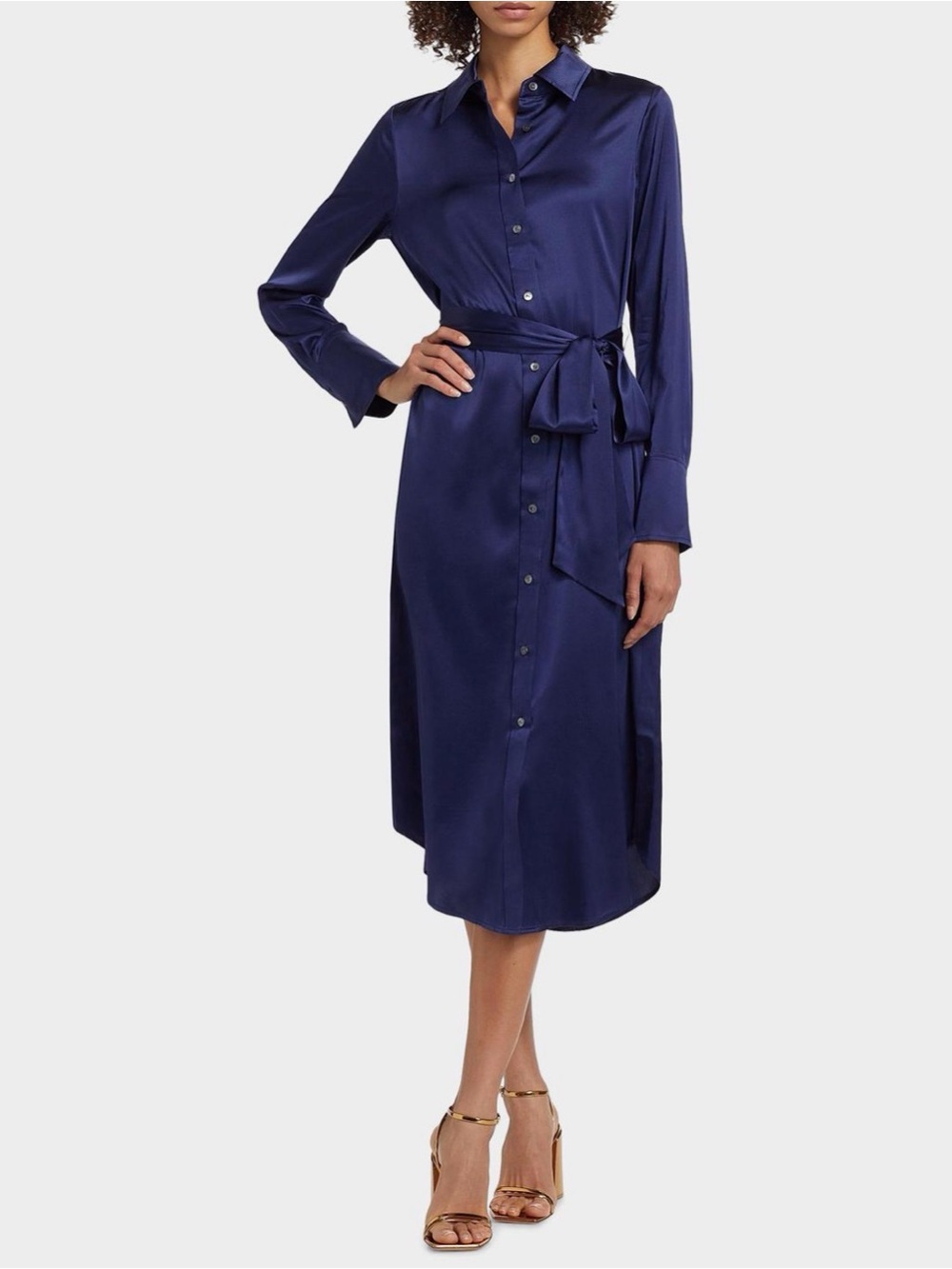 Silk Lightweight Ramy Brook Navy Long-Sleeve Button Front Tie-Waist Dress XXL